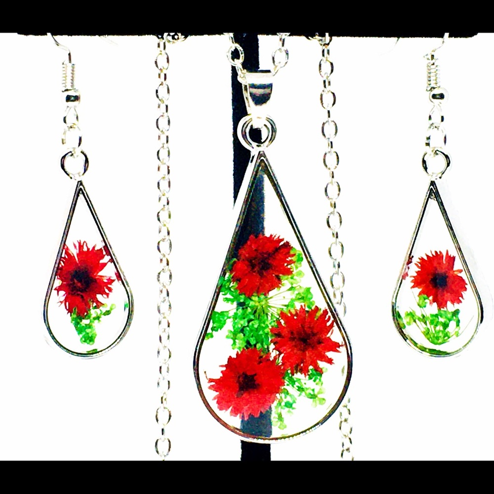 Natural dried flower necklace earrings jewelry set